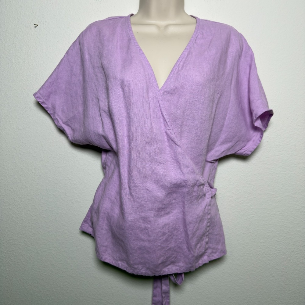 Love and Confuse Women 100% Linen Tie Waist‎ Top Small Purple Lagenlook Coastal